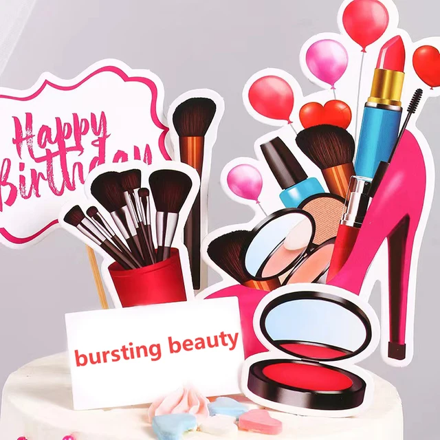 New Arrival Paper Happy Birthday Cake Decoration Perfume Lipstick Card Insert Glasses Heels Makeup Paper Set Cake Balloons