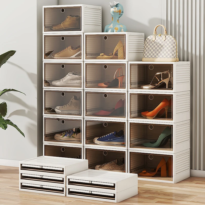 Haogle Wholesale Stackable Foldable Plastic Home Shoe Rack Square Transparent Clear Sneakers Shoe Storage Box