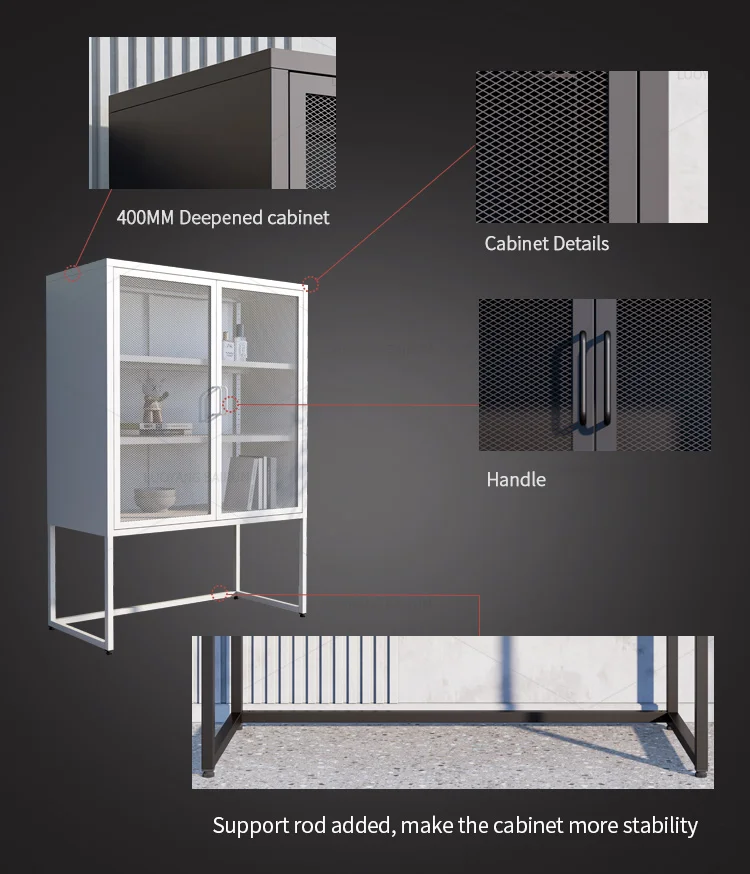 High foot 2 mesh glass door metal storage cabinet for home factory