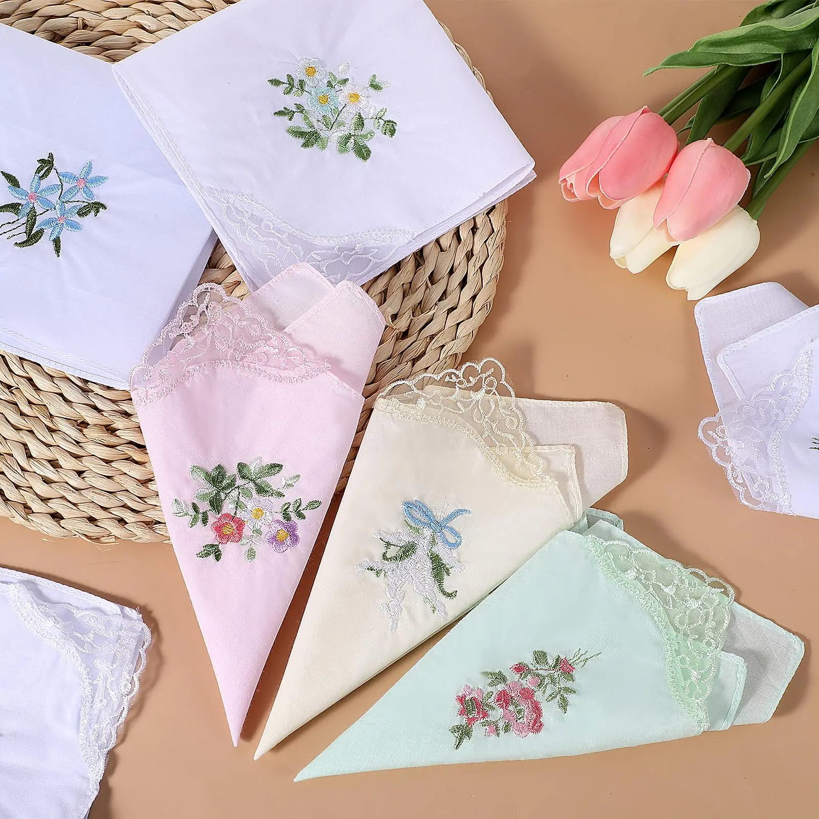 Wholesale Ladies 100% Cotton Handkerchiefs Floral Embroidery