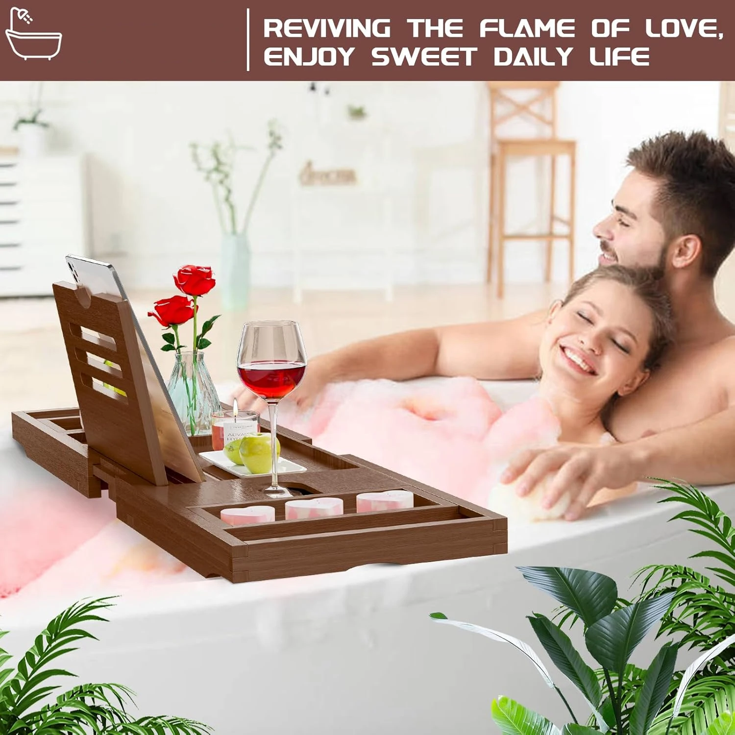 product luxury eco friendly adjustable wood expandable three piece bath tray with wine book holder new design bathroom sets for bath tub-5