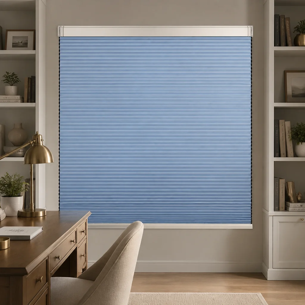 Motorized Built-in Honeycomb Blinds Full Blackout Light Blue Polyester 25mm Cell Novo Motor RF Remote Smart App Custom Size Home