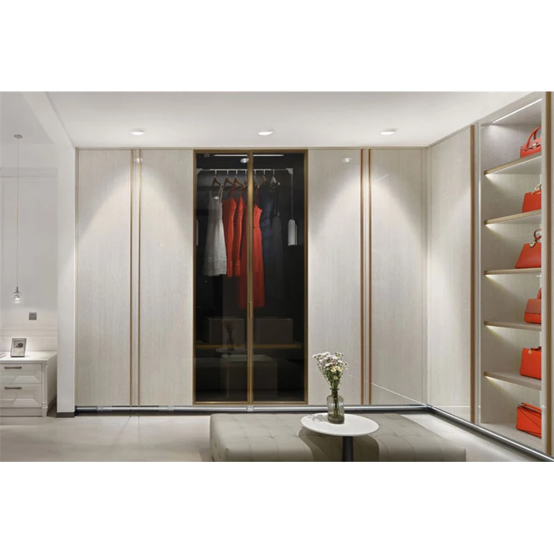 Gold aluminum frame glass door cupboard wardrobes bedroom modern closet with led lights