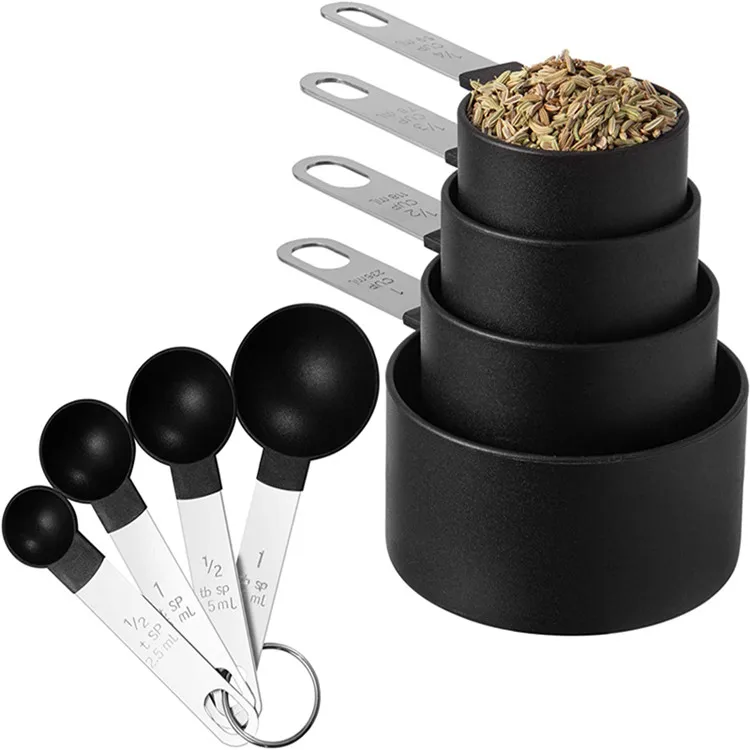 Kitchen Gadgets Stackable 8-piece Black Plastic Measuring Cups and Measuring Spoon Set with Stainless Steel Handle