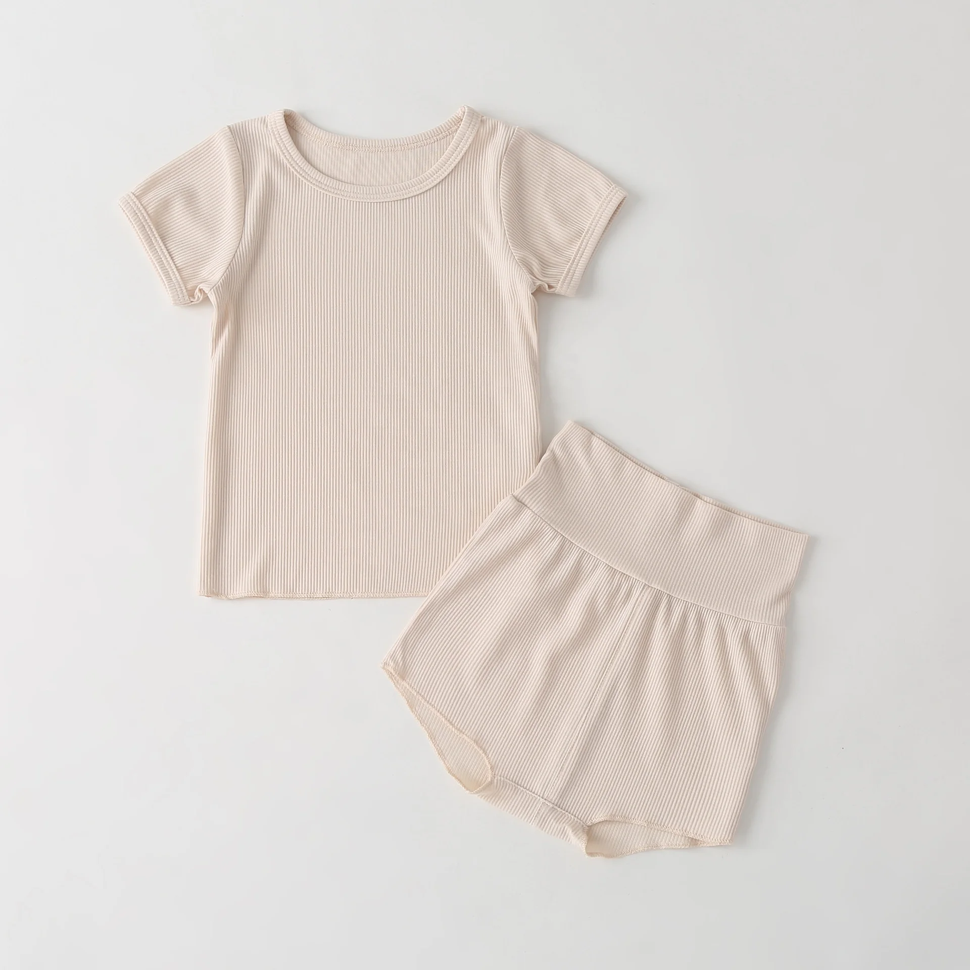 Искусственный шёлковый спандекс ребристая Трикотажная футболка с коротким рукавом и короткие штаны с высокой талией в стиле унисекс для маленьких, детская одежда