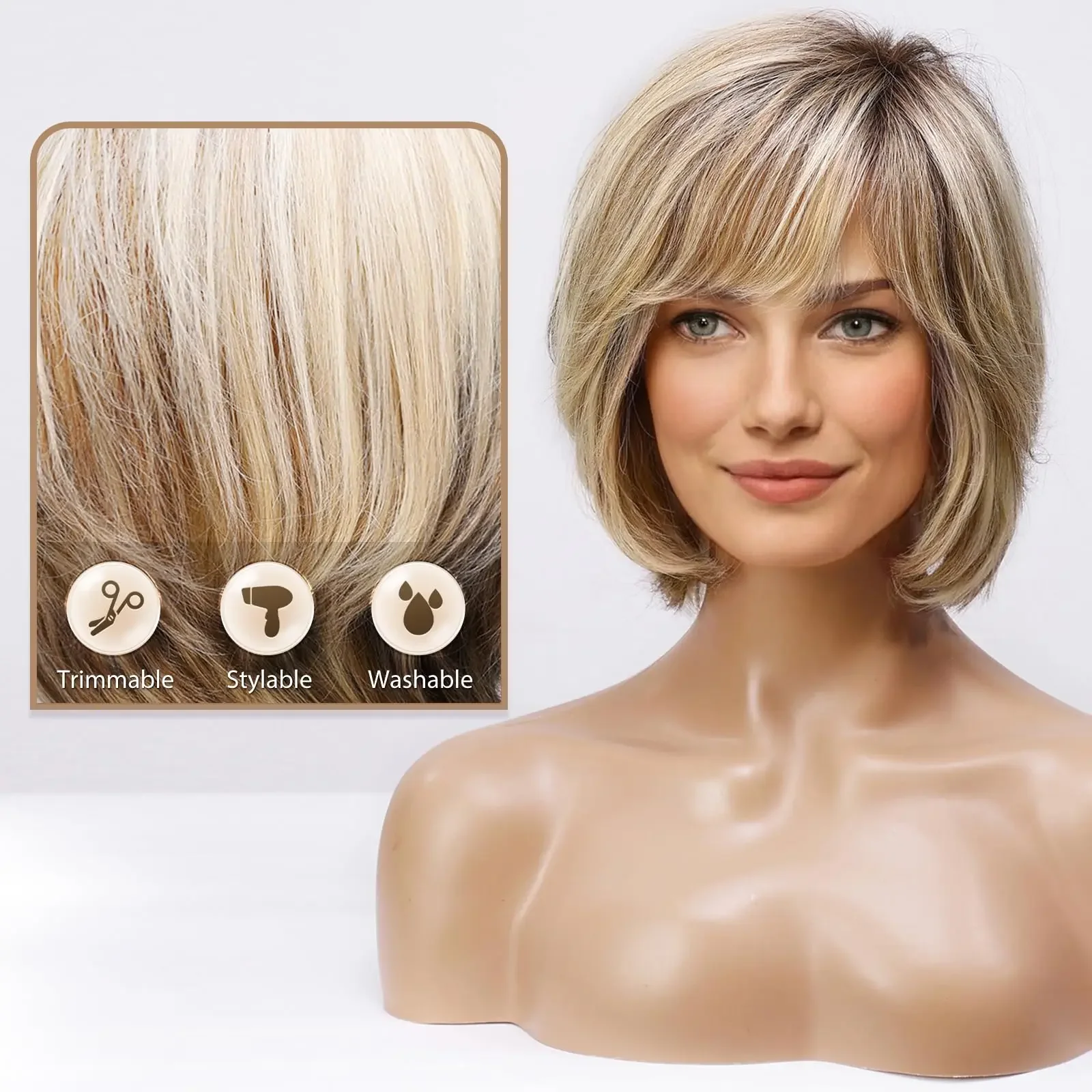 Ombre Brown Blonde Human Hair Lace Front Wigs Short Natural Wavy Bob Remy Wig for White Women_voghion.com