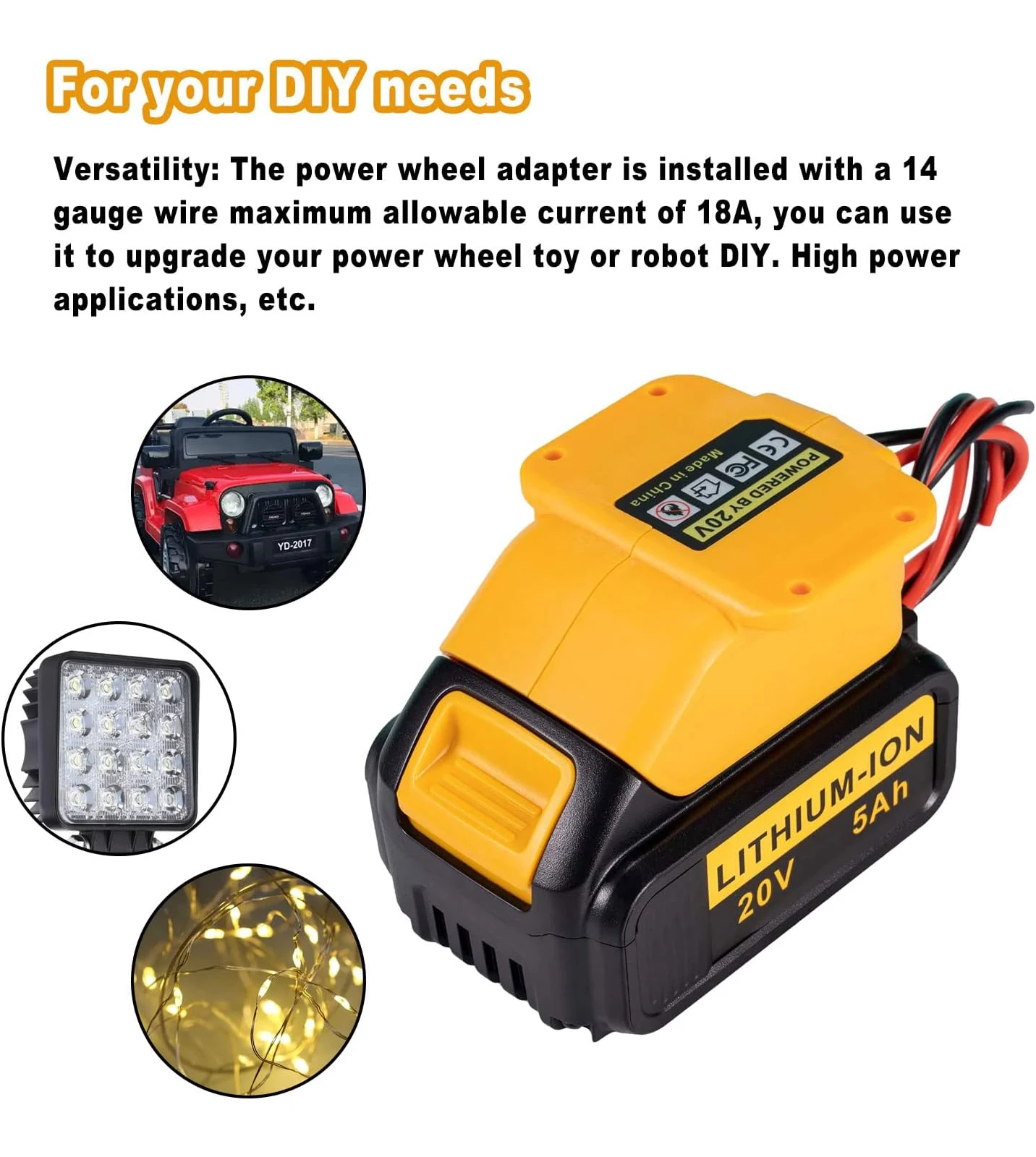 Power Wheel Adapter Battery Adapter for Dewalt 18v-20V Battery With Fuse  &Wire Terminals Convertor for DIY Ride on Truck RC Toys