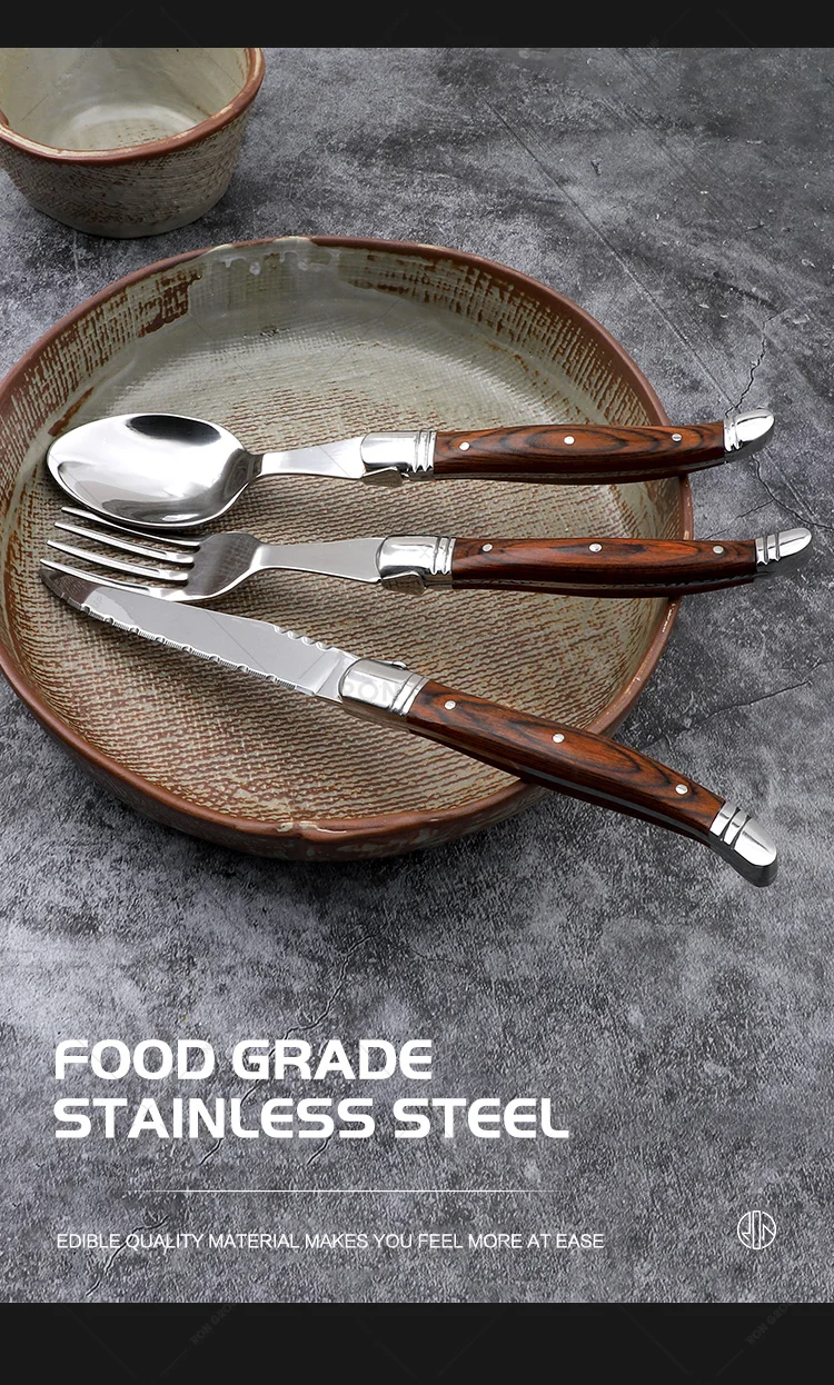 Functional High Quality Factory Fork Silver Wooden Handle Color Knotted Design Silverware Flatware Stainless Steel Cutlery Set