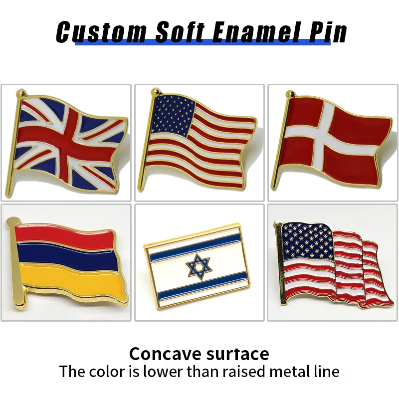 Metal Badges Labels Wholesale Design Custom Logo Hard Enamel Kazakhstan Poland Mexico Flag Pin for Souvenir