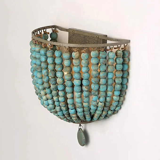 Vintage Bohemian Wood Bead Wall Lamp Gray Blue American Style Home Corridor Bedside LED Light for Living Room Villa Homestay