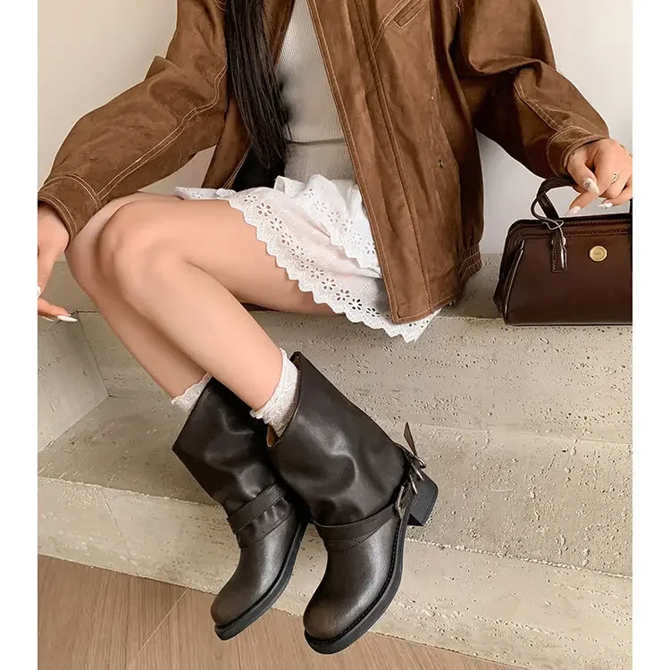 2024 Winter Cowhide Mid Calf Boots Vintage Genuine Leather Loose Fit 4.5cm Block Heel Women Western Boots - Image 3