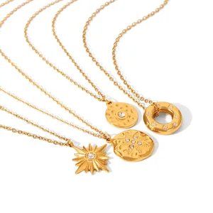 MW Niche Personalized 18K Gold Plated Geometric Circular Star Zircon Pendant Stainless Steel Necklace Set for Anniversary