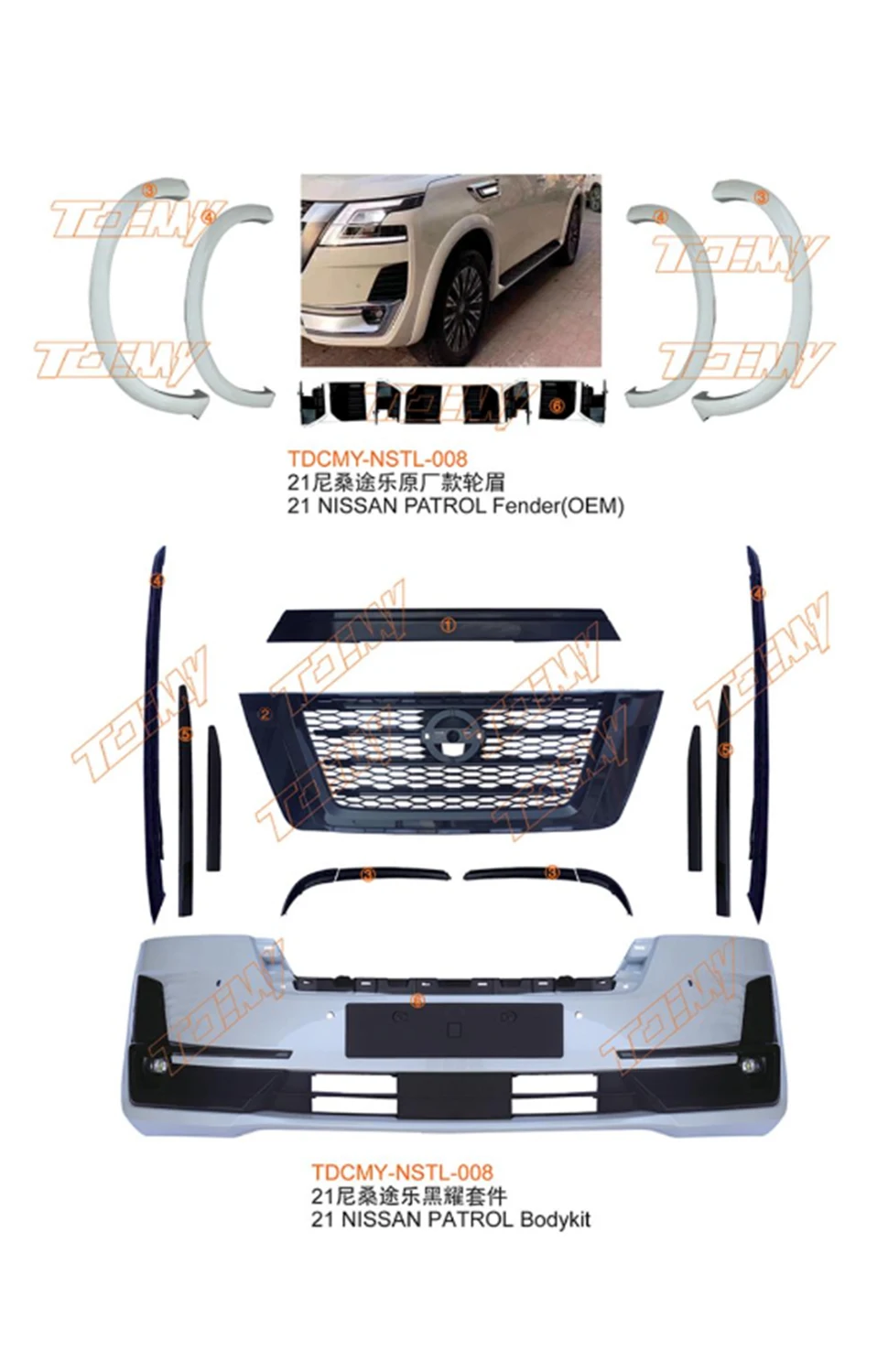 TDCMY Advanced Technology Automobile Body Kits White Door Moulding Fog Lamp Front Rear Bumper Spoiler for Nissan Patrol 21 manufacture