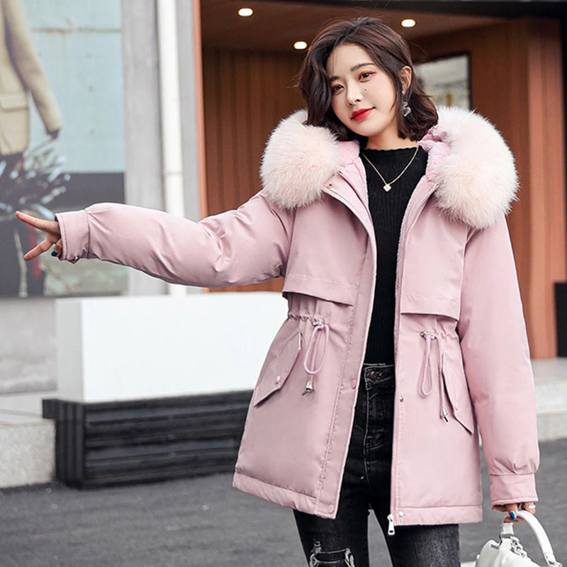 Womens Mid Long Faux Fox Fur Lined Hooded Collar Parka Coat Warm Winter Jacket L 