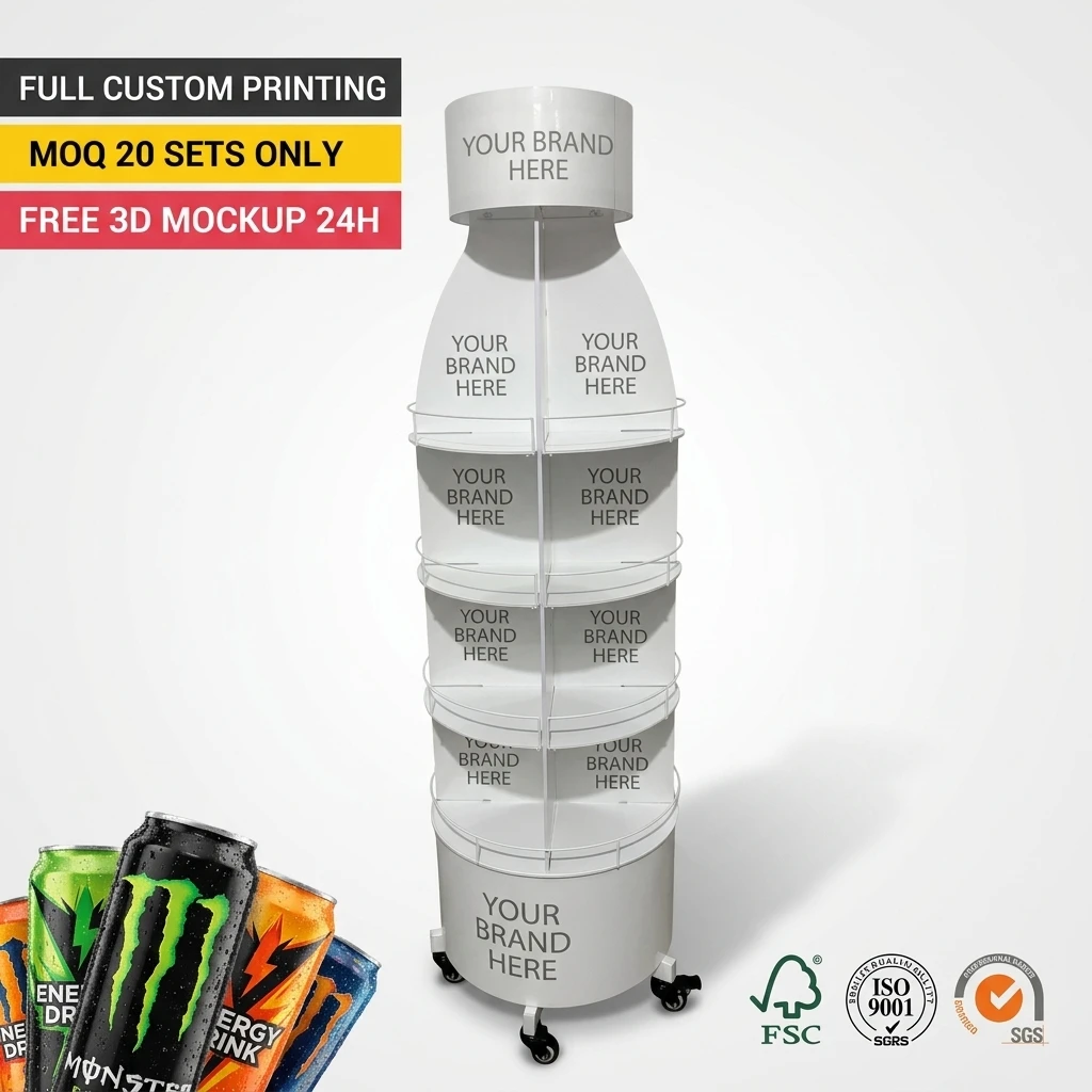 Espositore per bevande in metallo a forma di bottiglia, personalizzabile, per energy drink, acqua minerale, bibite gassate e acqua frizzante, espositore mobile da terra con ruote, produzione su ordinazione (OEM)