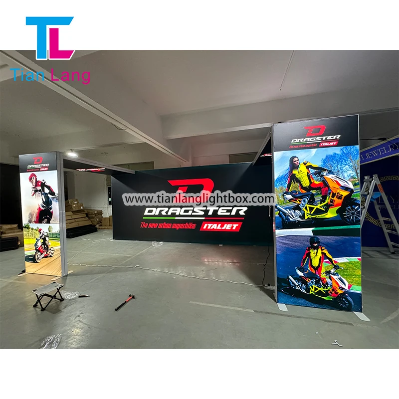 Персонализиран Лесен Монтаж Свиваем Рекламен Дисплей с Тензионен Ткани Алуминиев SEG LED Поп-up 10x20 Търговска Изложба Светеща Кутия