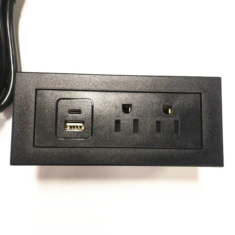 Gold US Standard Recessed Drawer Power Strip with USB C Port Socket Office Desk Embedded Flush Mounted Power Plate Socket