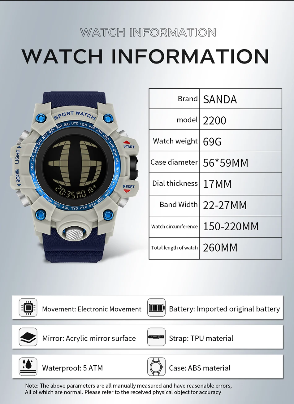 SANDA 2200 Waterproof Digital Sports Watch for Men motion detection light 56mm dial