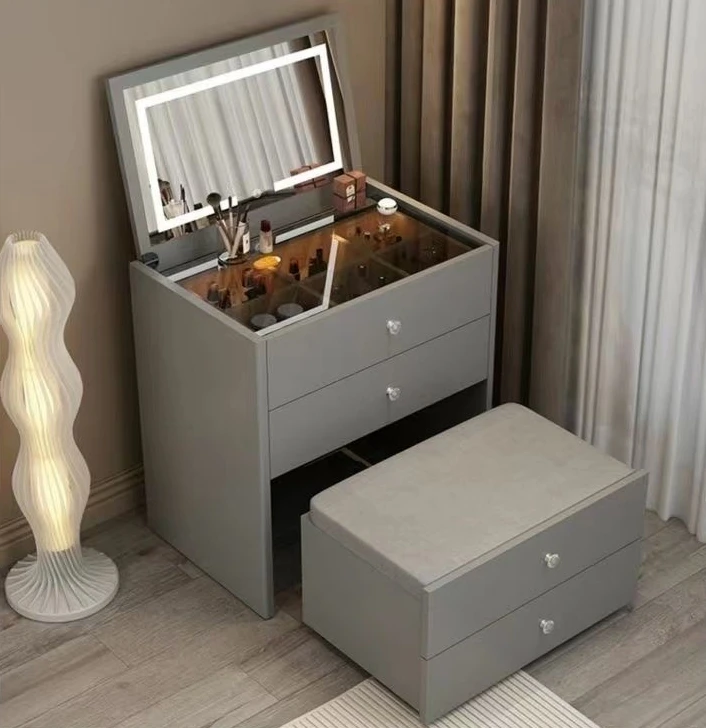 Hanyee Modern Style Cream Colored Dressing Table  Mirror Glass USB bluetooth Bedside Table Multifunctional With Storage Function