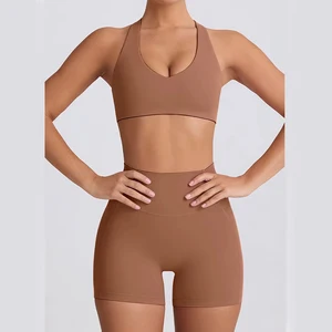 2 Piece Sportswear Women Color Block Bra No Front Seam Shorts Lightweight Conjunto De Yoga for Sports Active Wear