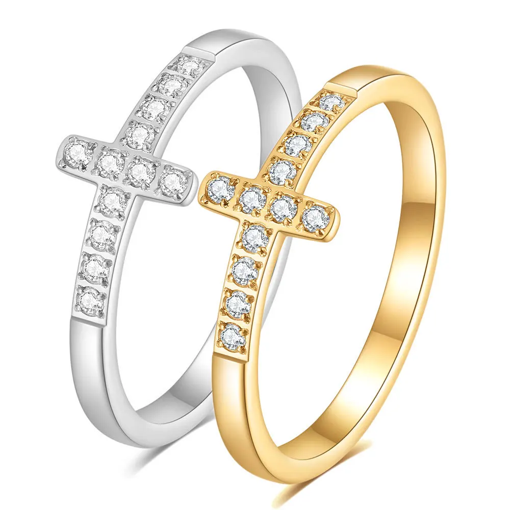 Simple Personality Cross Temperament Selling 7 MM Diamond Ring Stainless Steel Gold Silver Ring for Women Hainon 705