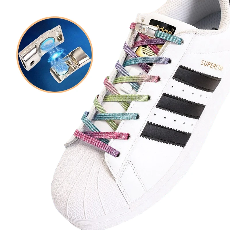 SELLM Metal Magnetic Buckle Flat Shoelaces Elastic No Tie Shoe laces For Kids Adult Unisex Sneakers Shoelace Quick Lazy Laces,Pink rainbow 