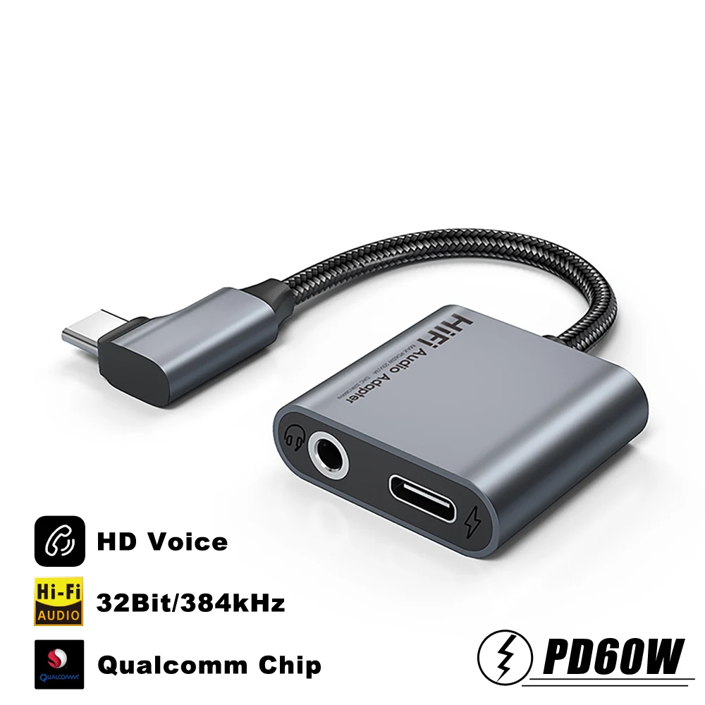 Adaptor Aux Jack USB Tipe C ke MM, dengan USB-C 60W PD, konverter  Headphone Digital Decoding Audio OTG HiFi