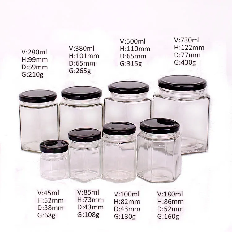 Free Sample 50ml 180ml 380ml 500ml Hexagonal Glass Honey Jars with Lids