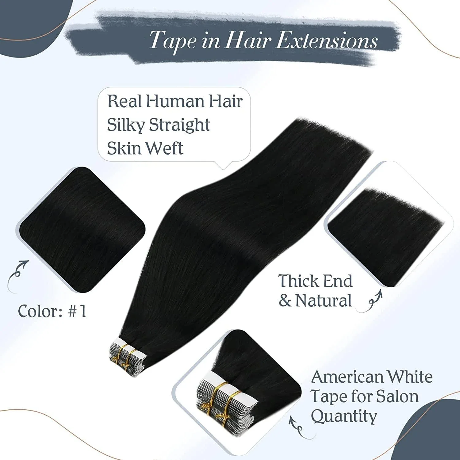 Echthaar-Extensions, 40,6–66 cm, Naturschwarz, Nr. 1, 100 % Remy-Hauttresse, selbstklebend, zum Aufkleben für den Salon, hohe Qualität_voghion.com