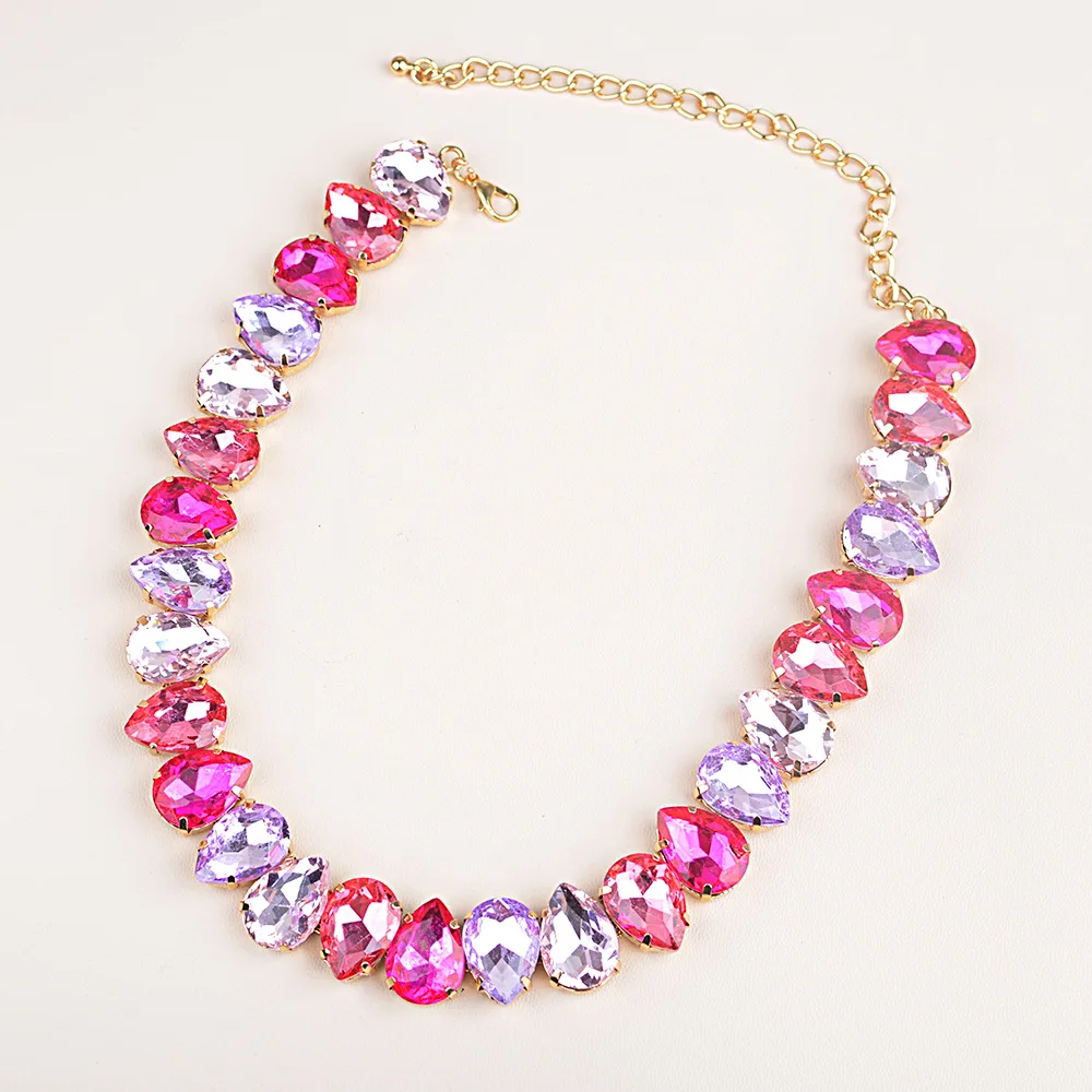 Exaggerate Chunky Colorful Crystal Geometric Necklace Sparkling Rhinestone Crystal Water Drop Necklace for Lady
