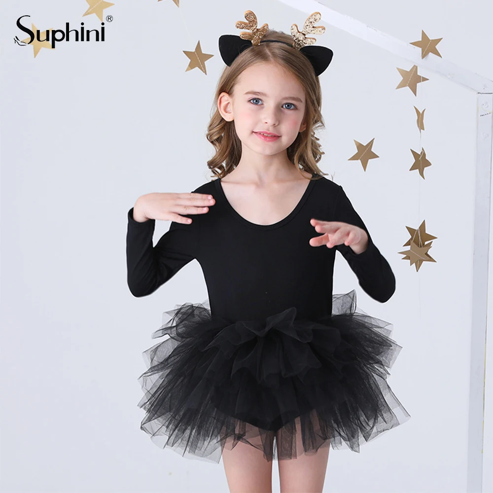 Suphini Baby Girl Long Sleeve Princess Dress Tutu Kids Black Lace Ballet Bubble Skirt