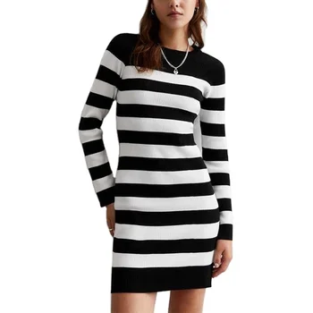 Kai Qi clothing  new women's one piece sweater crew neck long sleeve black white stripes comfortable casual