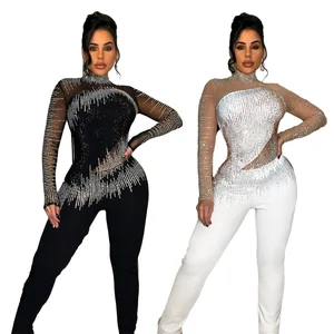 2026 Spring Mesh See Through Solid Casual Rhinestone Beaded Playsuit Club Wear Spring Women Evening Party Jumpsuits
