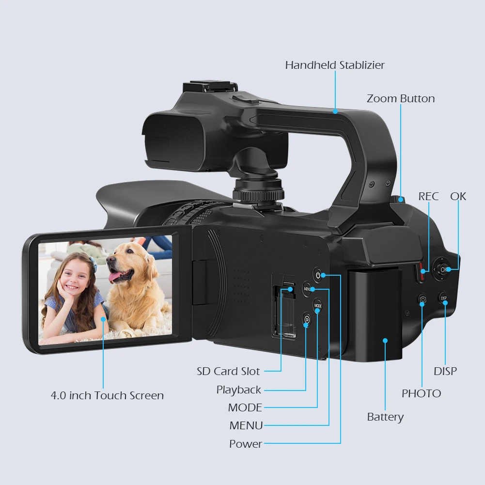 Videocamera 4K 60FPS 48MP Con Zoom 21x, Schermo IPS 3" 270° Per Vlog E YouTube, Con Microfono Esterno E 2 Batterie