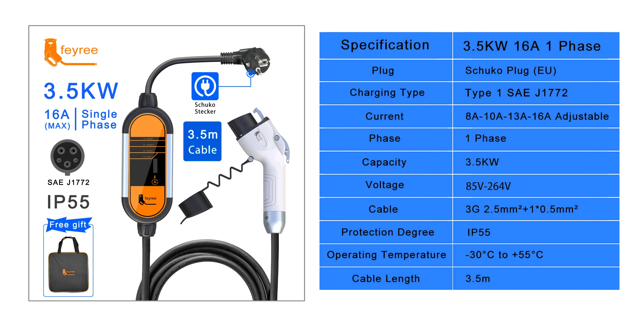 Feyree Portable Ev Charger 16a 3.5kw Fast Ev Charger Type1/type 2 /gbt ...