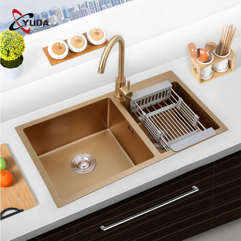 YUDA Nano Rose Golden Countertop Handmade 304 Stainless Steel Double Bowl Kitchen Sink for Home Hotel Restaurant Installation