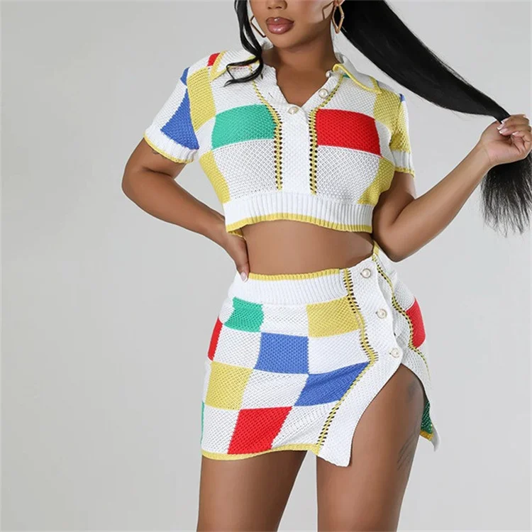 Colorful Plaid Knitted 2 Piece Set Women Short Sleeve Lapel Button Sweaters+matching Hip Skirts ...