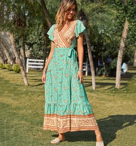 Cotton Print Long Dress for Women 2022 Summer Spring Short Sleeve Loose Elegant Holiday Beach Maxi Dresses Vestidos