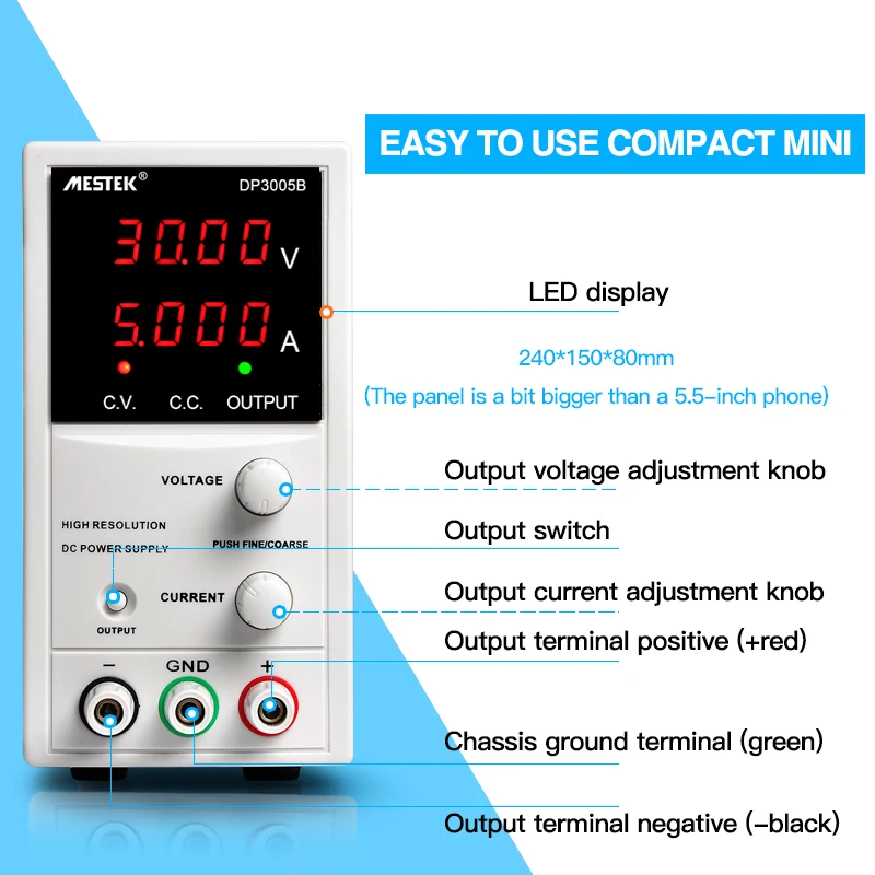 Practical Tool Regulated DC Power Supply with High Precision and High Stability Output 30V 5A Coding Switch Mestek DP3005B