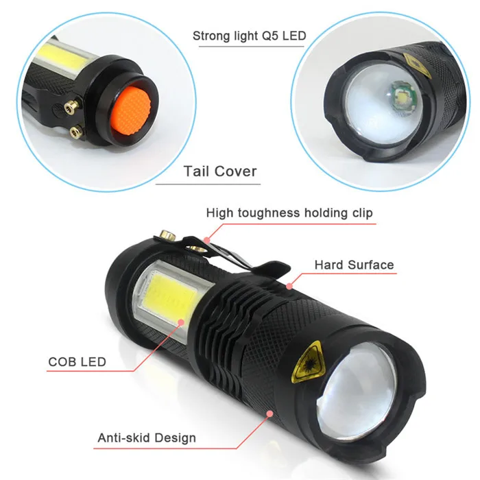 AA or 14500 Battery Powered Pocket Clip Mini Zoomable LED Flashlight with COB Flood Camping Light