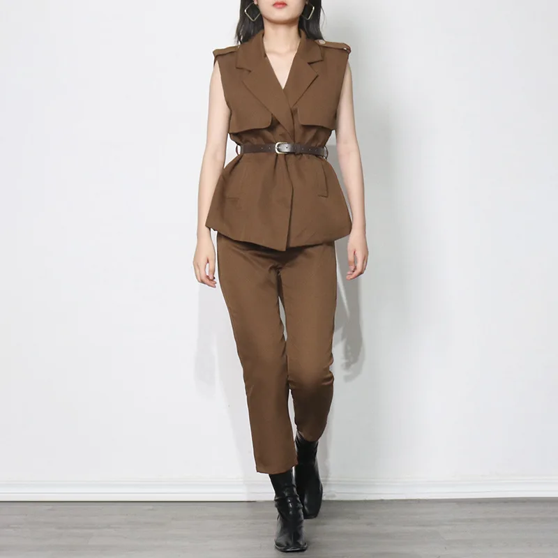 Plus Size Women's Spring 2021 New Fat Fashion Suit Vest Casual Pants Waist  Sleeveless Brown Lady Two-piece Set