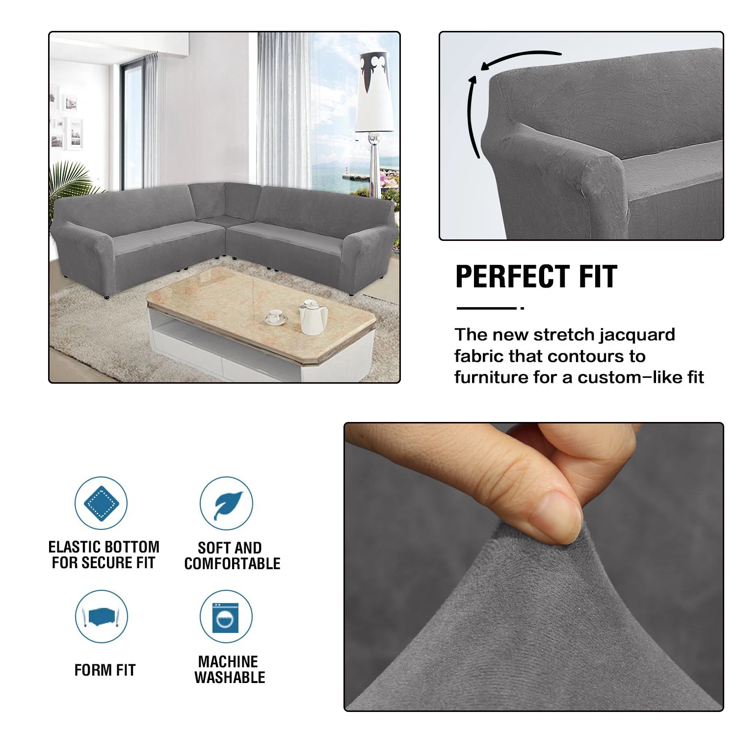 Luxury Velvet Soft Stretchy U Shaped Sofa Slipcover Couch L Shape 7