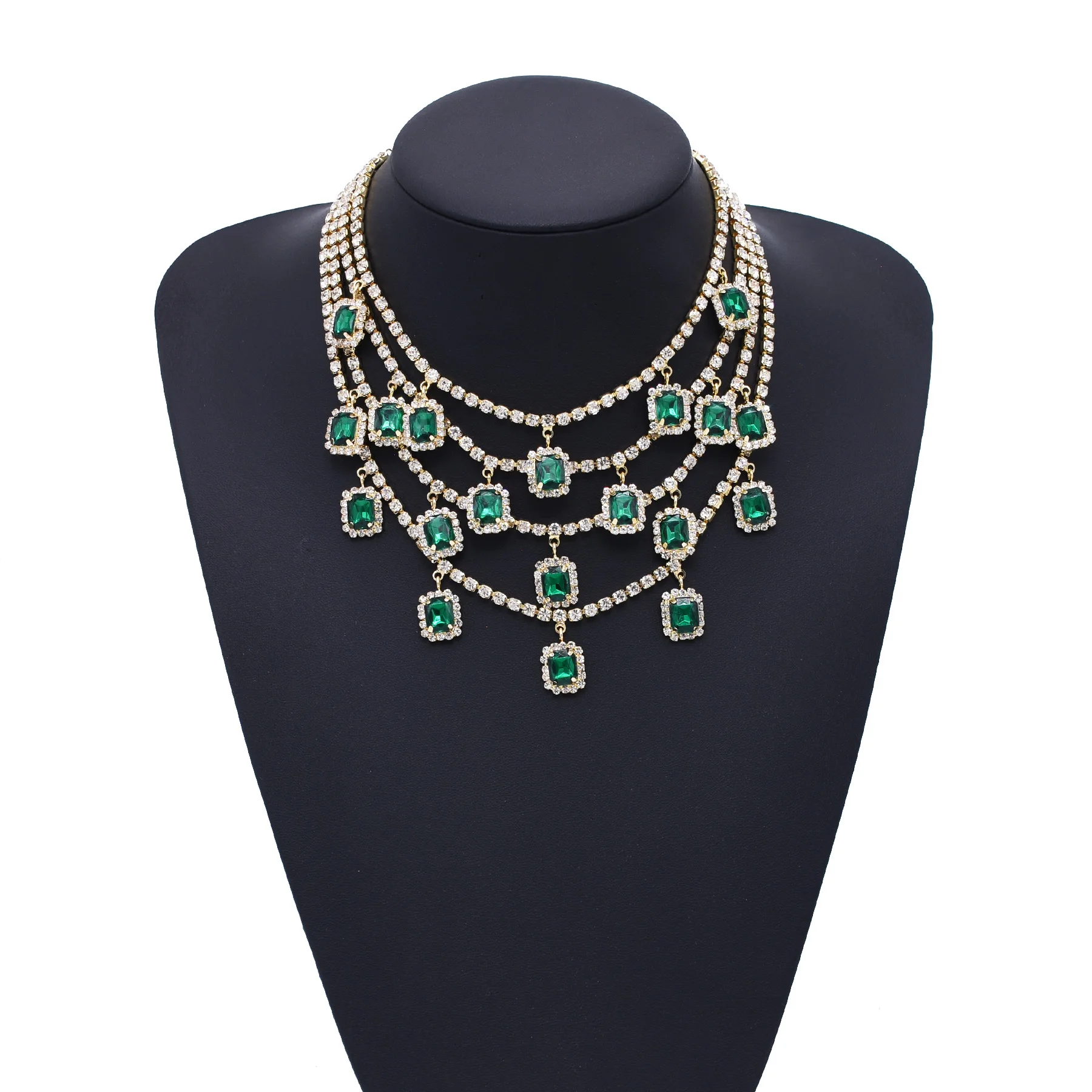 Multi-Layered Gold Plated Bohemian Style Green Crystal Rhinestone Necklace Link Chain Multi-Strand Statement Bridal Choker