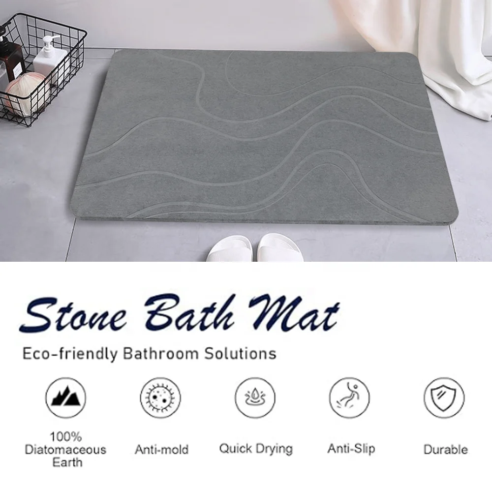 NORTHSONG Diatomite Bath Mat – Fast Drying, Non-Slip Stone Bath Mat For Bathroom & Kitchen, Light Grey