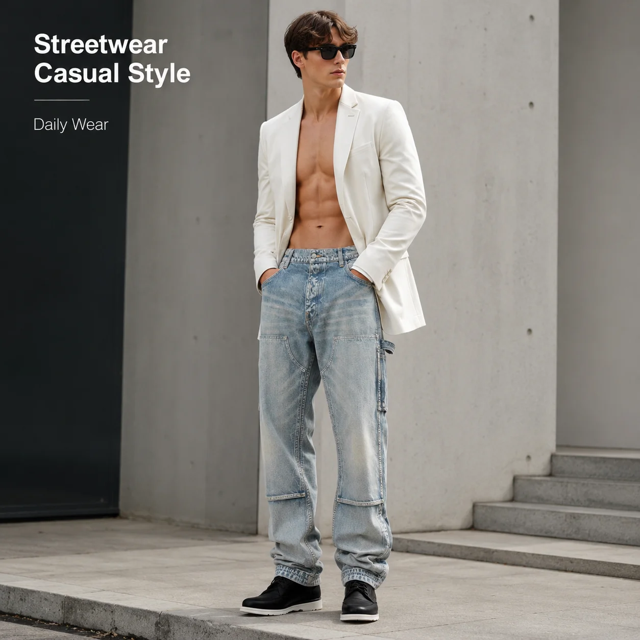 Men's Streetwear Casual Breathable Button Detail 100% Cotton Straight Fit Vintage Wash Cargo Jeans