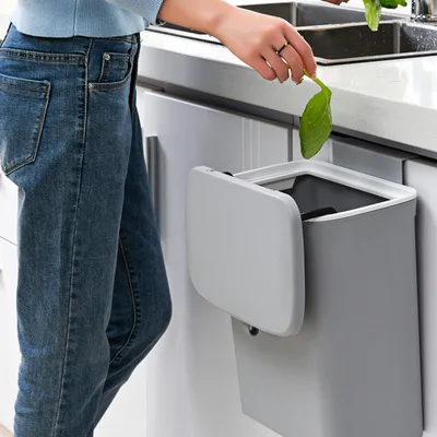 Wall Mounted Kitchen Cabinet Door Garbage Bin With Lid Plastic Hanging Waste Bin Punch-Free Trash Can