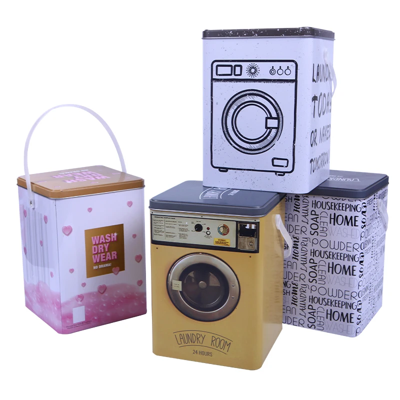Popular Customize Square Tin Box for Washing Powder Detergent Empty Tin Box Container With Plastic Handle Custom Tin Can