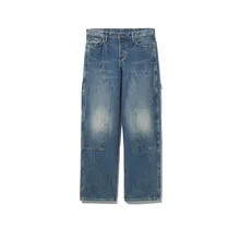 Custom Design Blue Washed Baggy Denim Pants Straight Leg Men Big Pockets Jeans