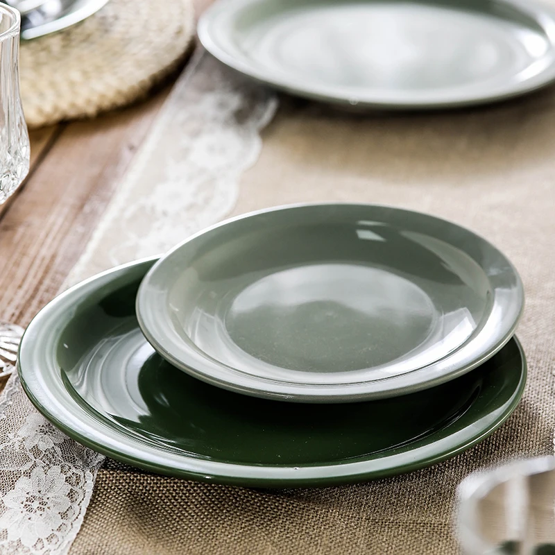 Nordic minimalist porcelain plate wedding green glossy glazed round plate ceramic dinner plate sets for restaurants