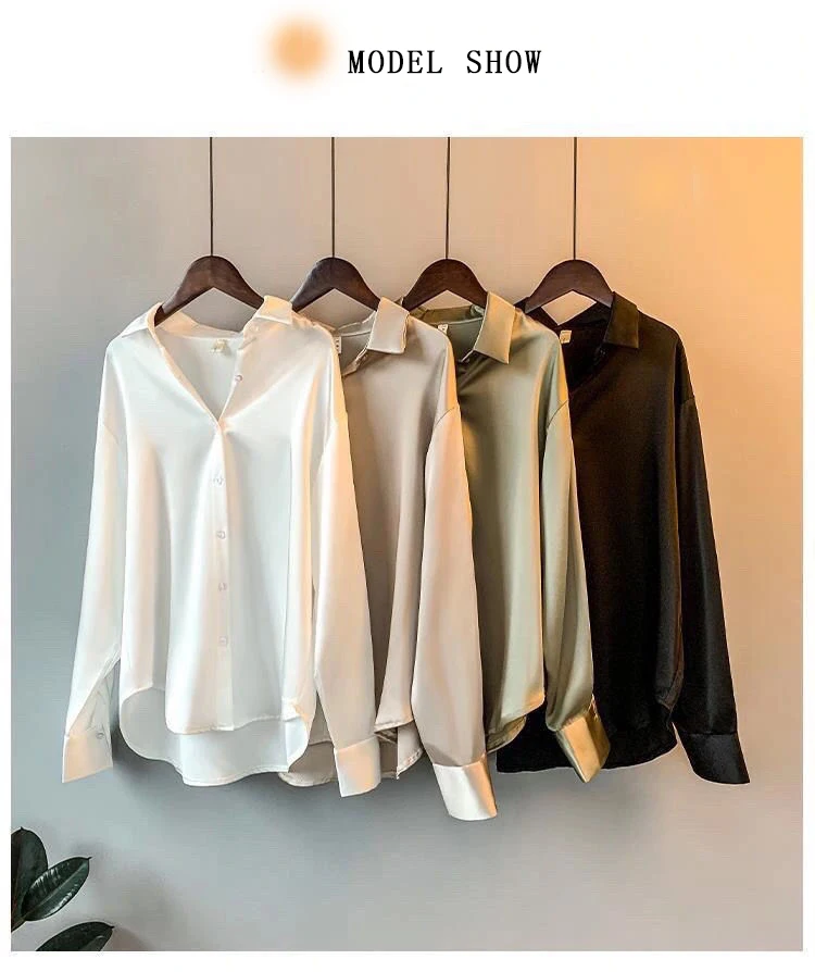 2022 Fashion White Long Sleevs Satin Shirts Silk Elegant Woman Ladies ...